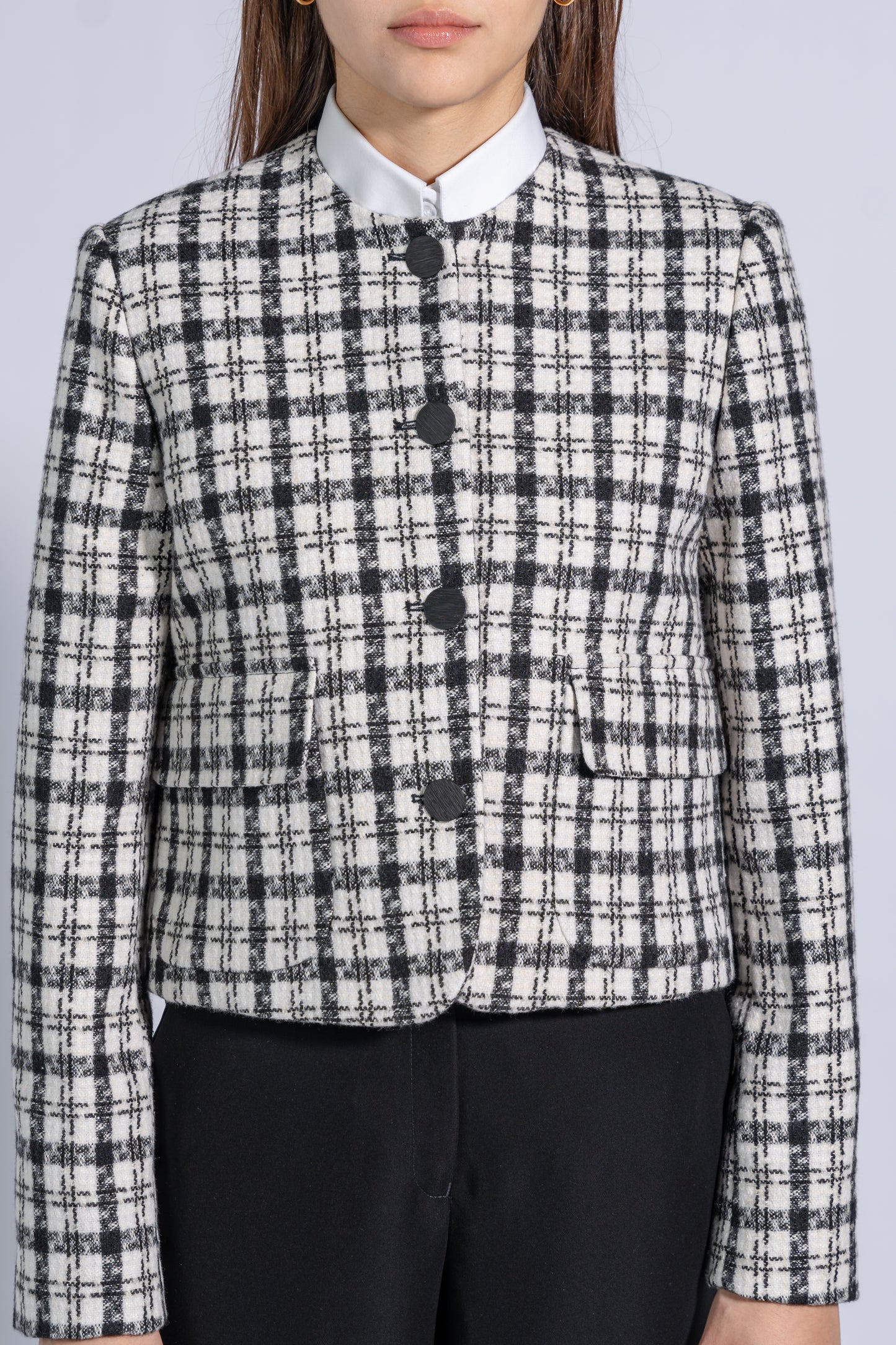 Short Tweed Jacket with a Round Neckline, Patch Pockets and Metal Buttons