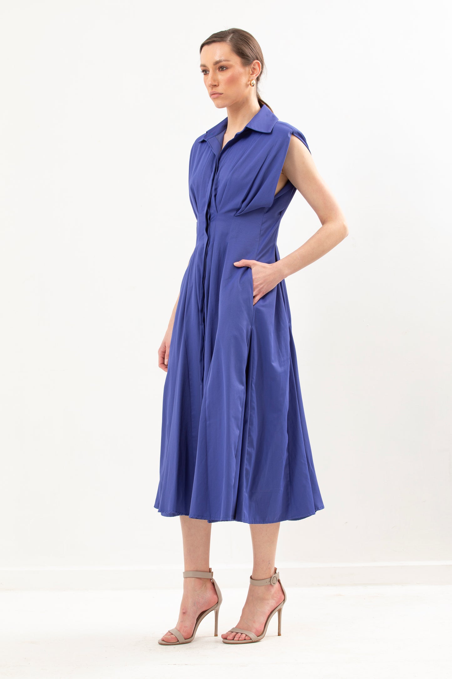 Waisted Long Dress With Structured Shoulder