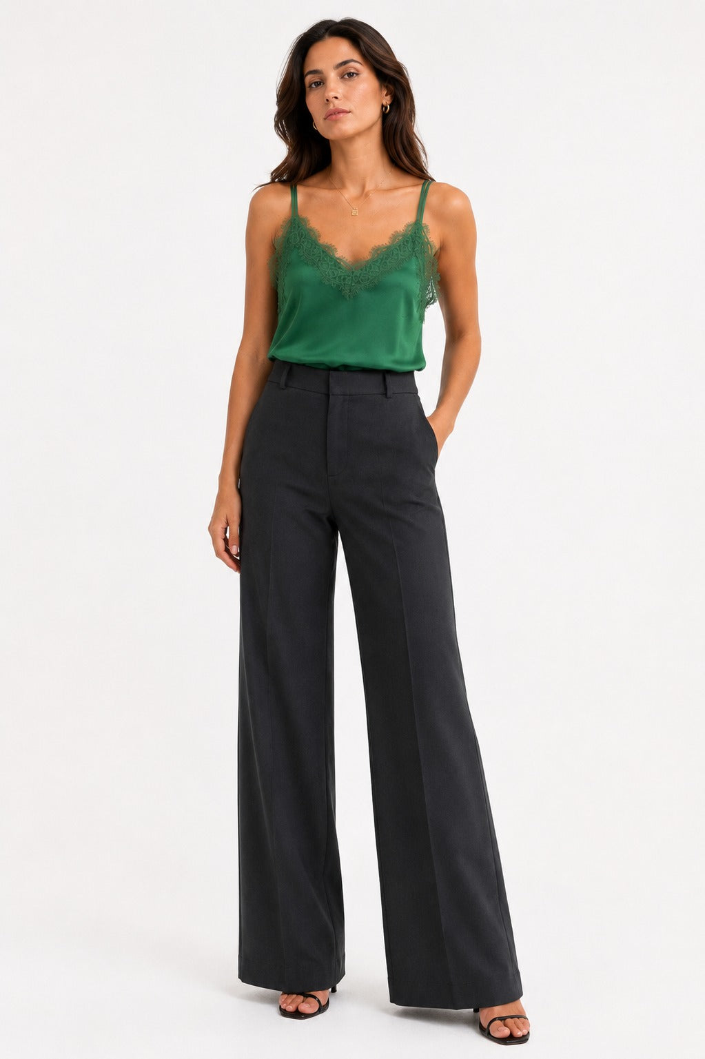 Satin Camisole Top Spaghetti Shoulder Straps, Lace-Trimmed V-Neck