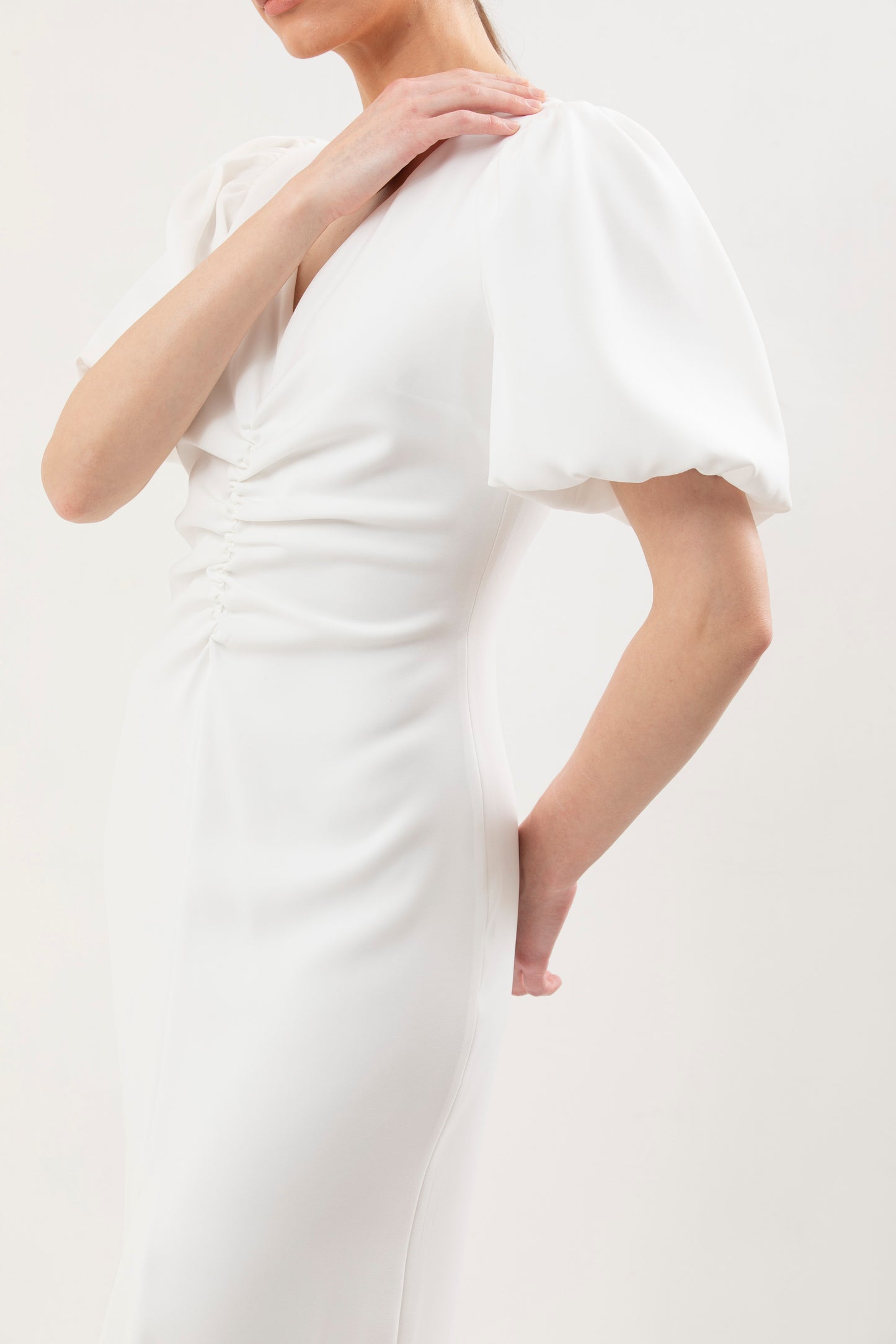 Rushed Dress With Front Slit and 1/2 Puff Sleeves