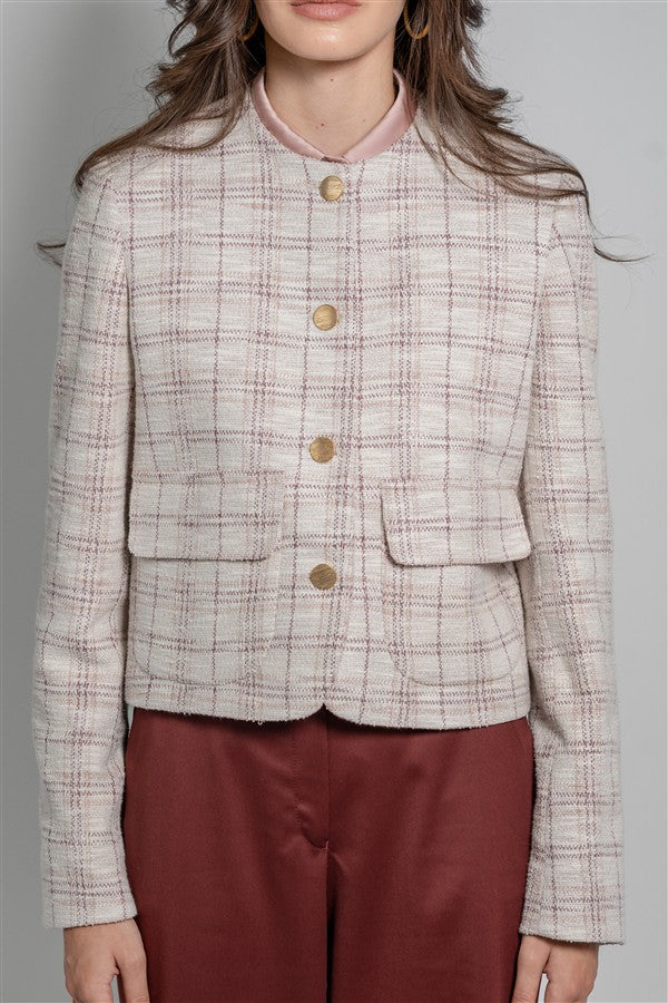 Short Tweed Jacket with a Round Neckline, Patch Pockets and Metal Buttons