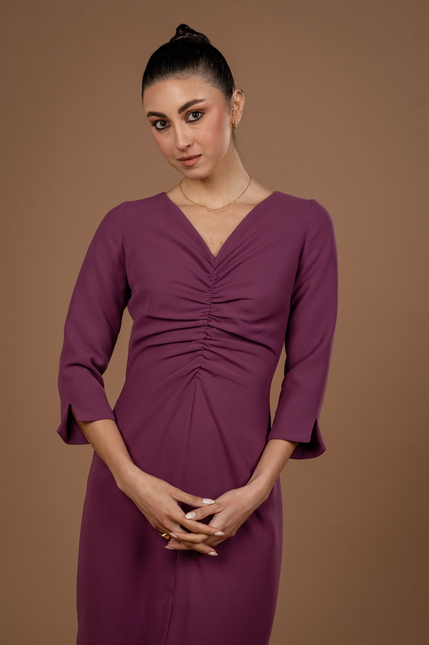 Gathered Midi Dress With Long Sleeves