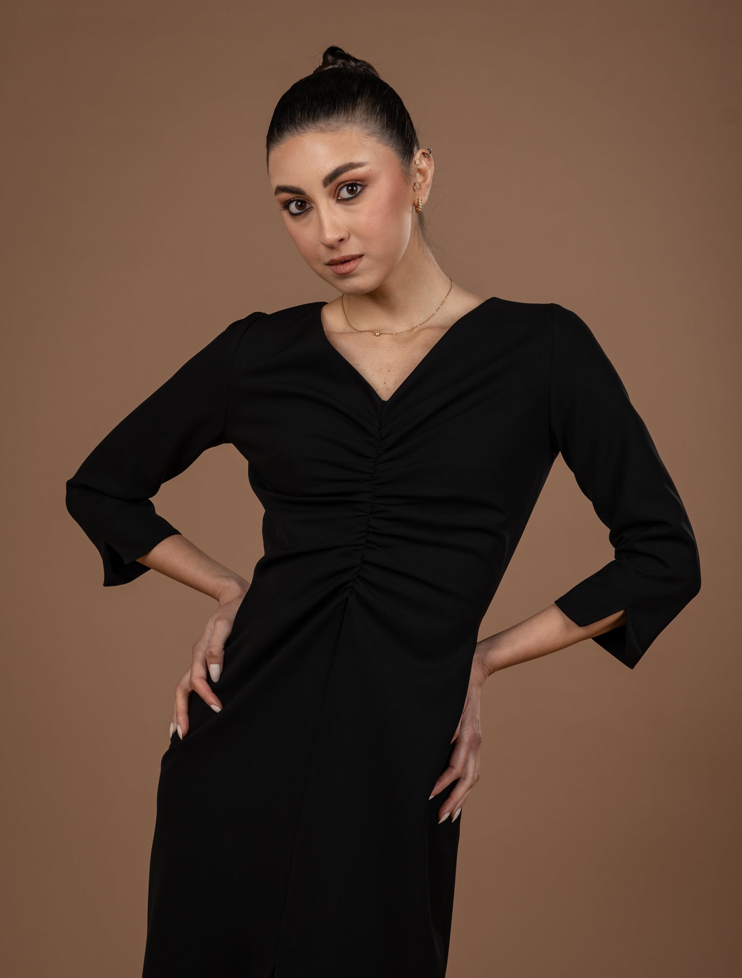 Gathered Midi Dress With Long Sleeves