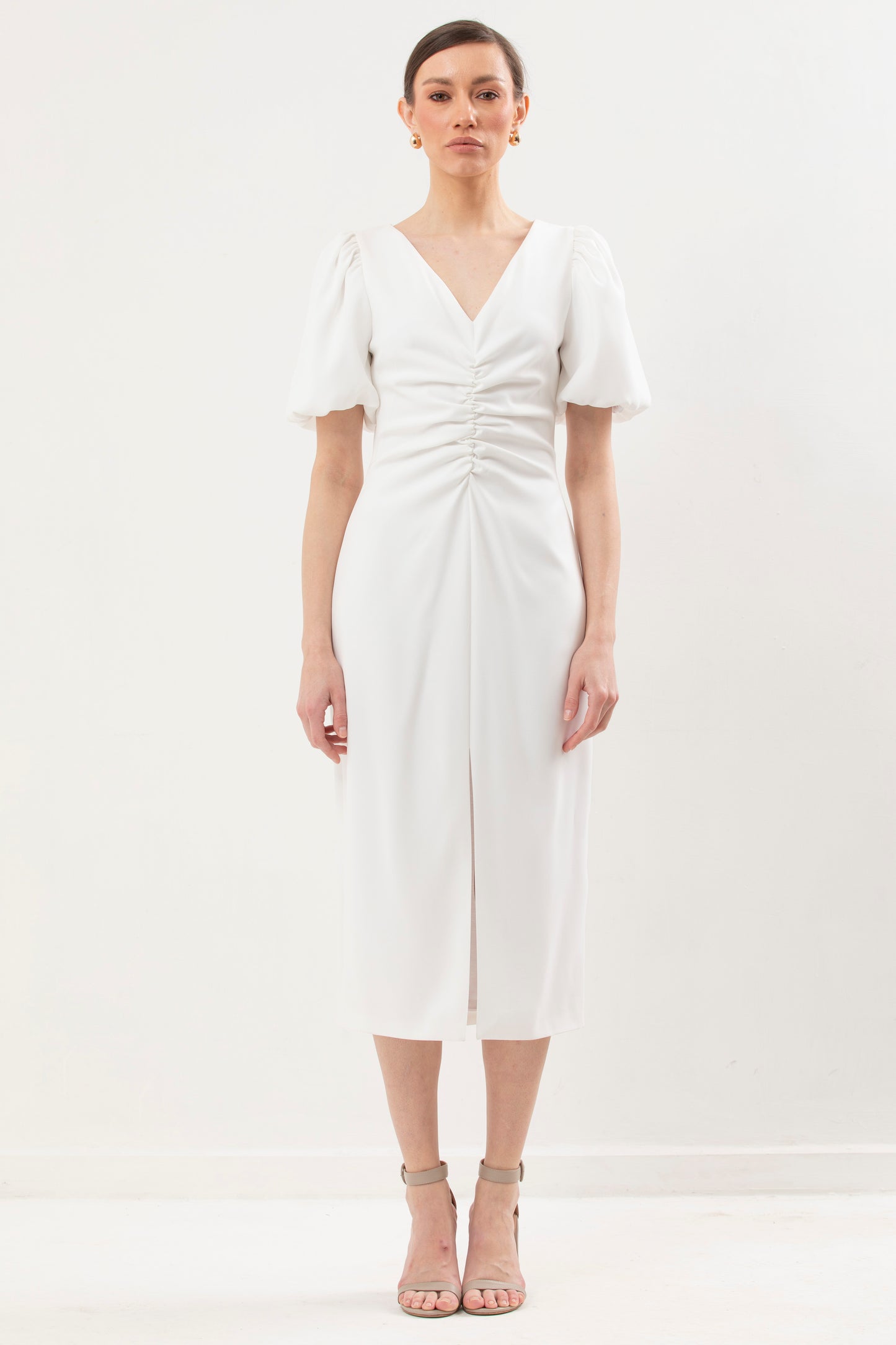 Rushed Dress With Front Slit and 1/2 Puff Sleeves