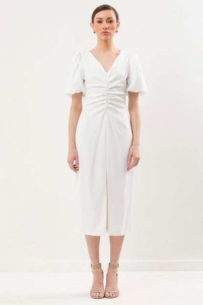Rushed Dress With Front Slit and 1/2 Puff Sleeves