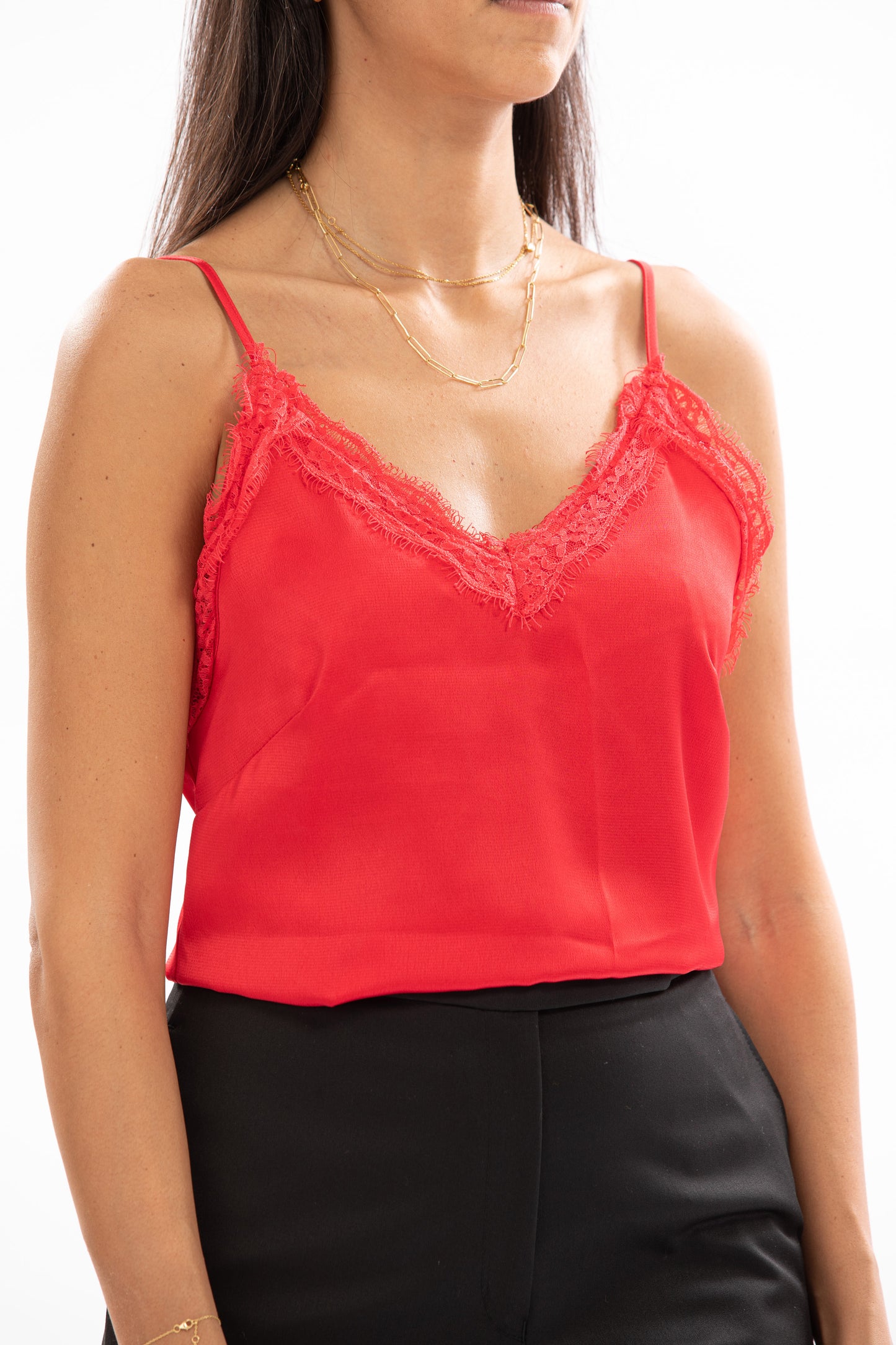Satin Camisole Top Spaghetti Shoulder Straps, Lace-Trimmed V-Neck