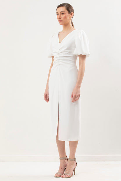 Rushed Dress With Front Slit and 1/2 Puff Sleeves