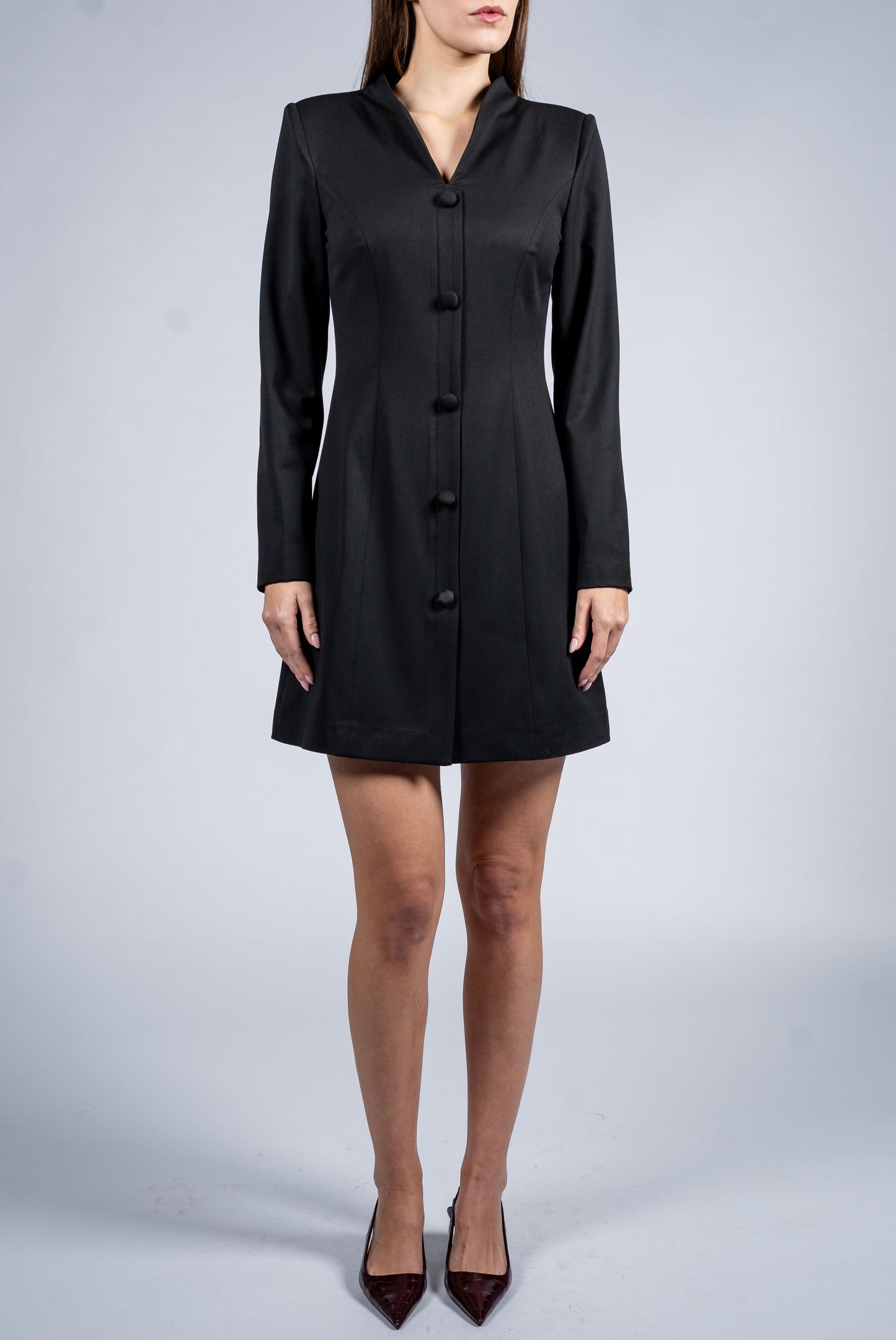 Stand Collar Single Breasted Dress With Long Sleeves