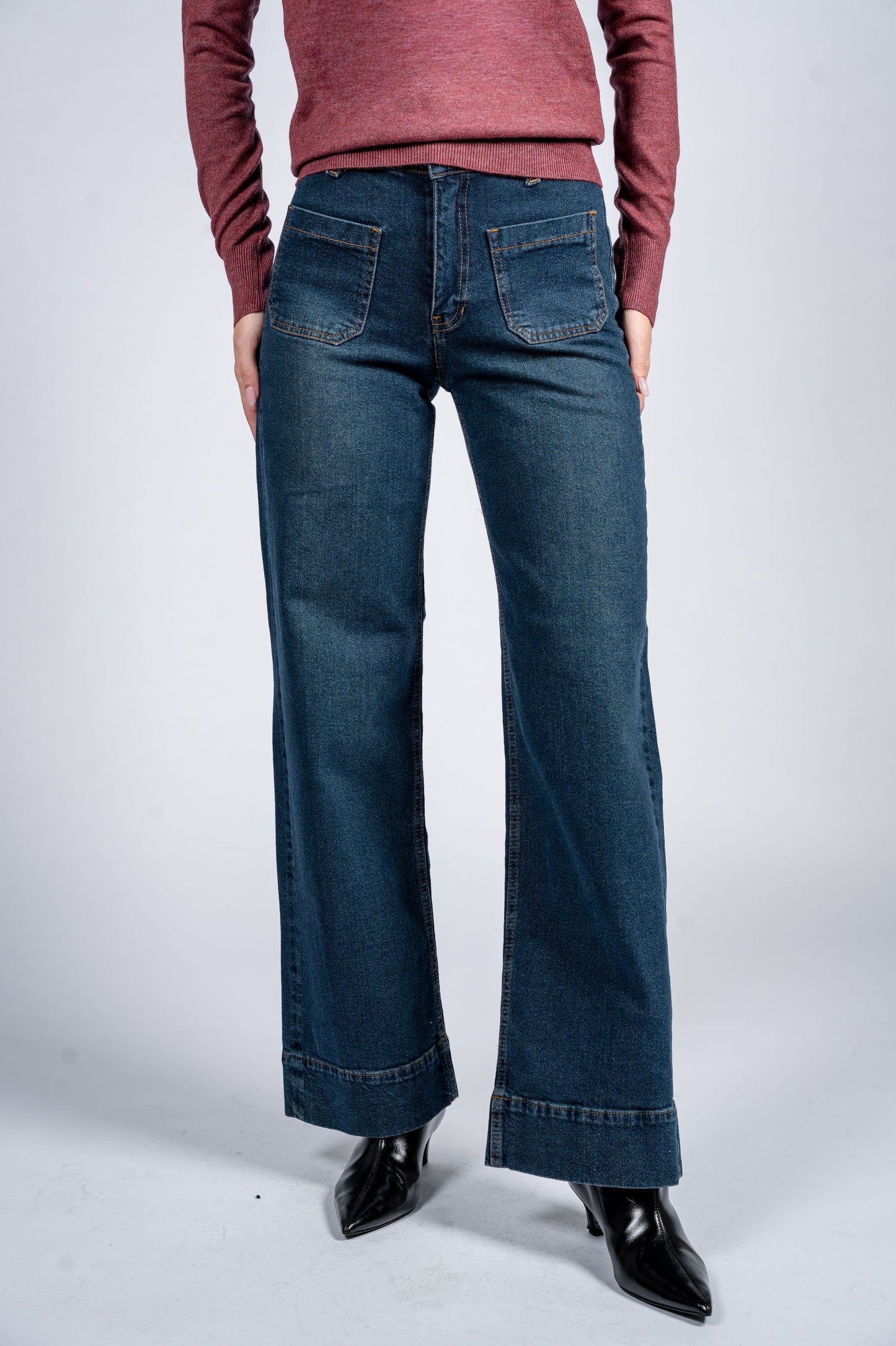 Wide Leg Marine Jeans With Pockets