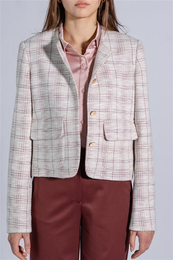 Short Tweed Jacket with a Round Neckline, Patch Pockets and Metal Buttons
