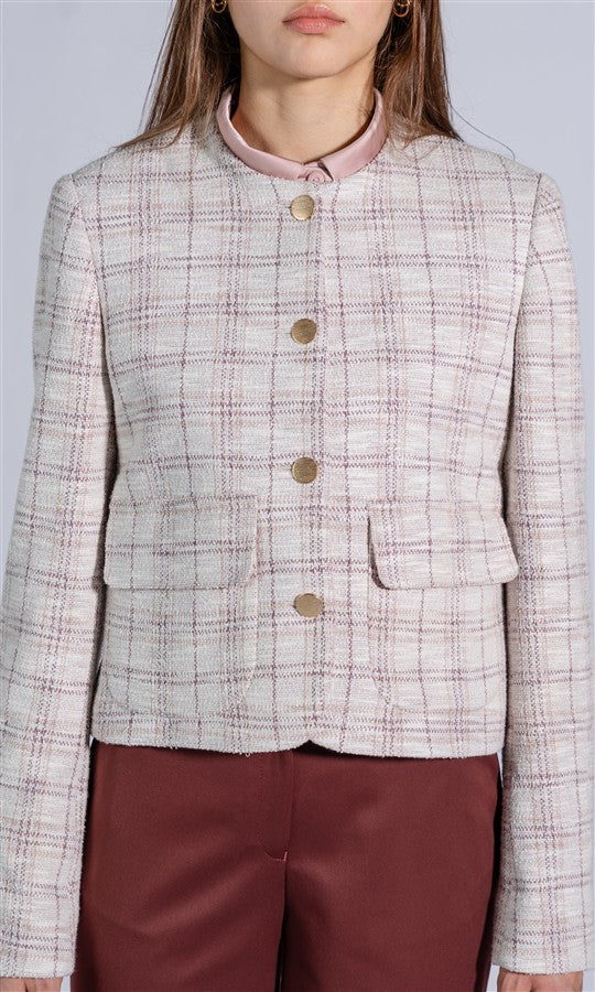 Short Tweed Jacket with a Round Neckline, Patch Pockets and Metal Buttons
