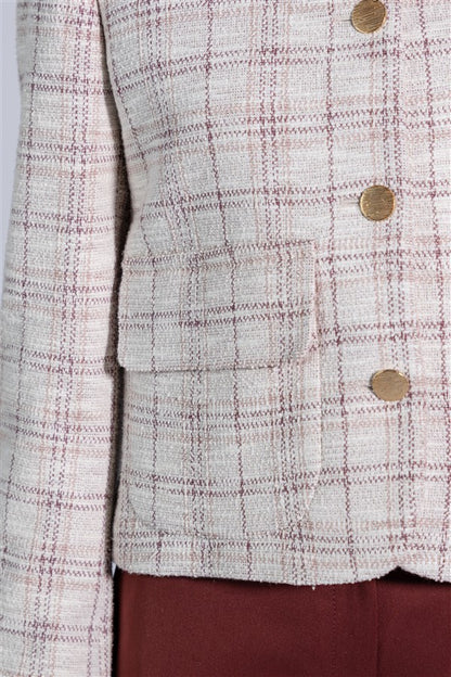 Short Tweed Jacket with a Round Neckline, Patch Pockets and Metal Buttons