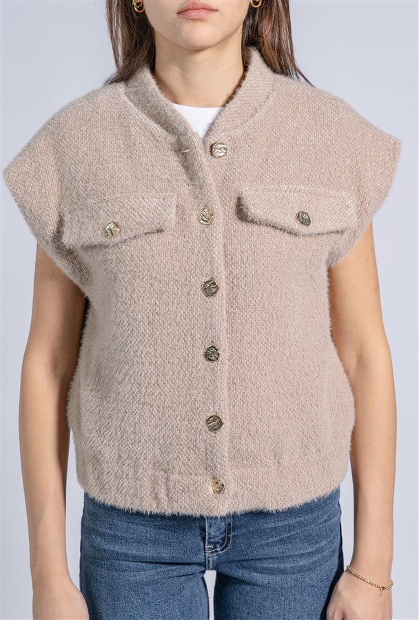 Knit Waistcoat With Front Flaps and Gold Buttons