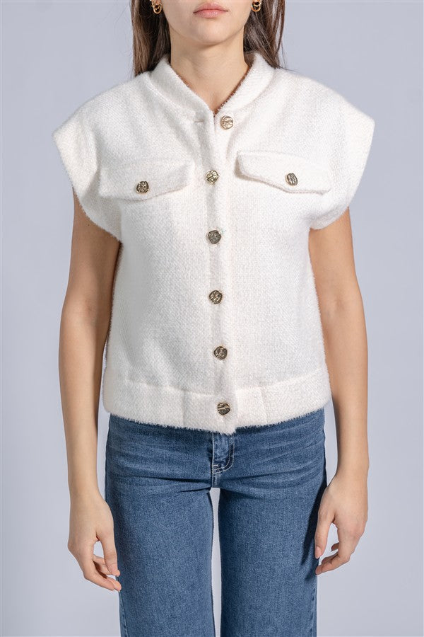 Knit Waistcoat With Front Flaps and Gold Buttons
