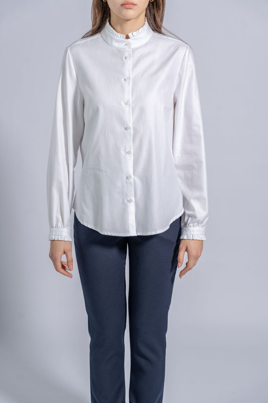 Long Sleeves Shirt with Frill-Trimmed Collar and Cuffs