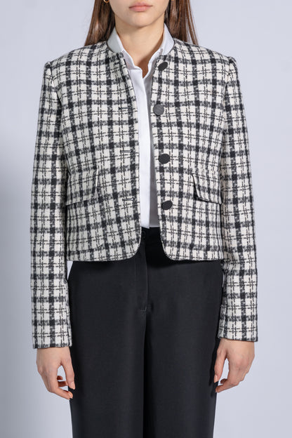 Short Tweed Jacket with a Round Neckline, Patch Pockets and Metal Buttons