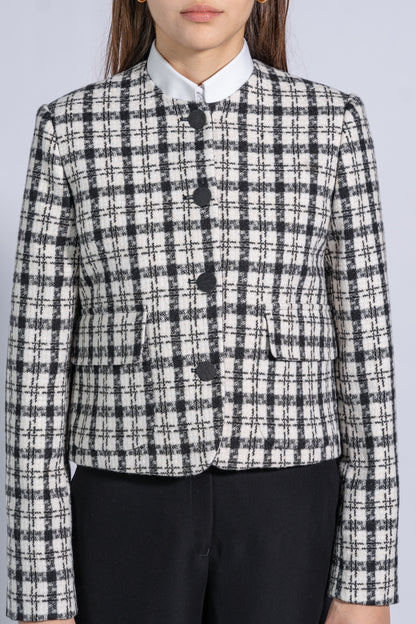 Short Tweed Jacket with a Round Neckline, Patch Pockets and Metal Buttons