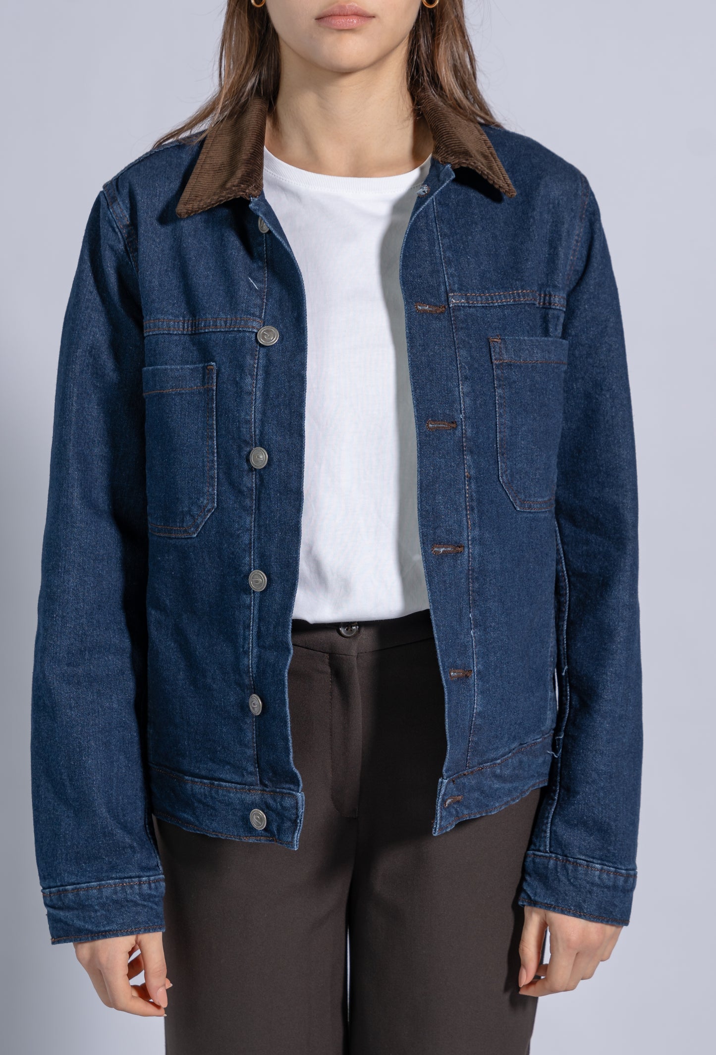 Denim Cotton Jacket with Corduroy Collar and Front Metal Buttons