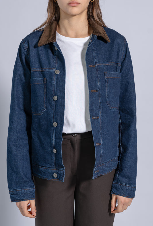 Denim Cotton Jacket with Corduroy Collar and Front Metal Buttons