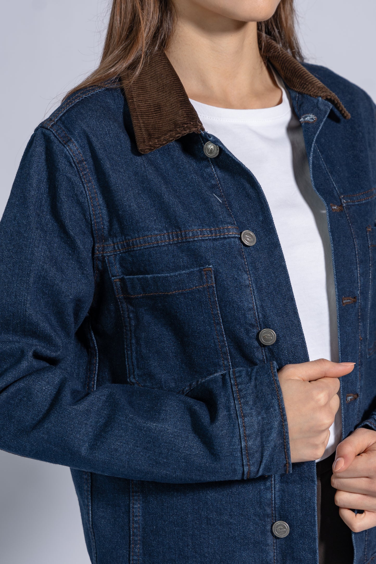 Denim Cotton Jacket with Corduroy Collar and Front Metal Buttons