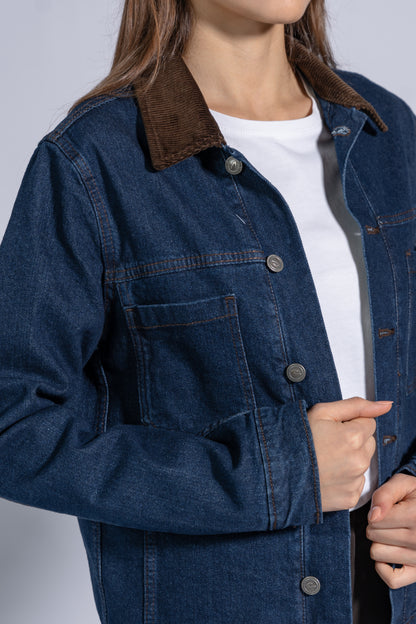 Denim Cotton Jacket with Corduroy Collar and Front Metal Buttons
