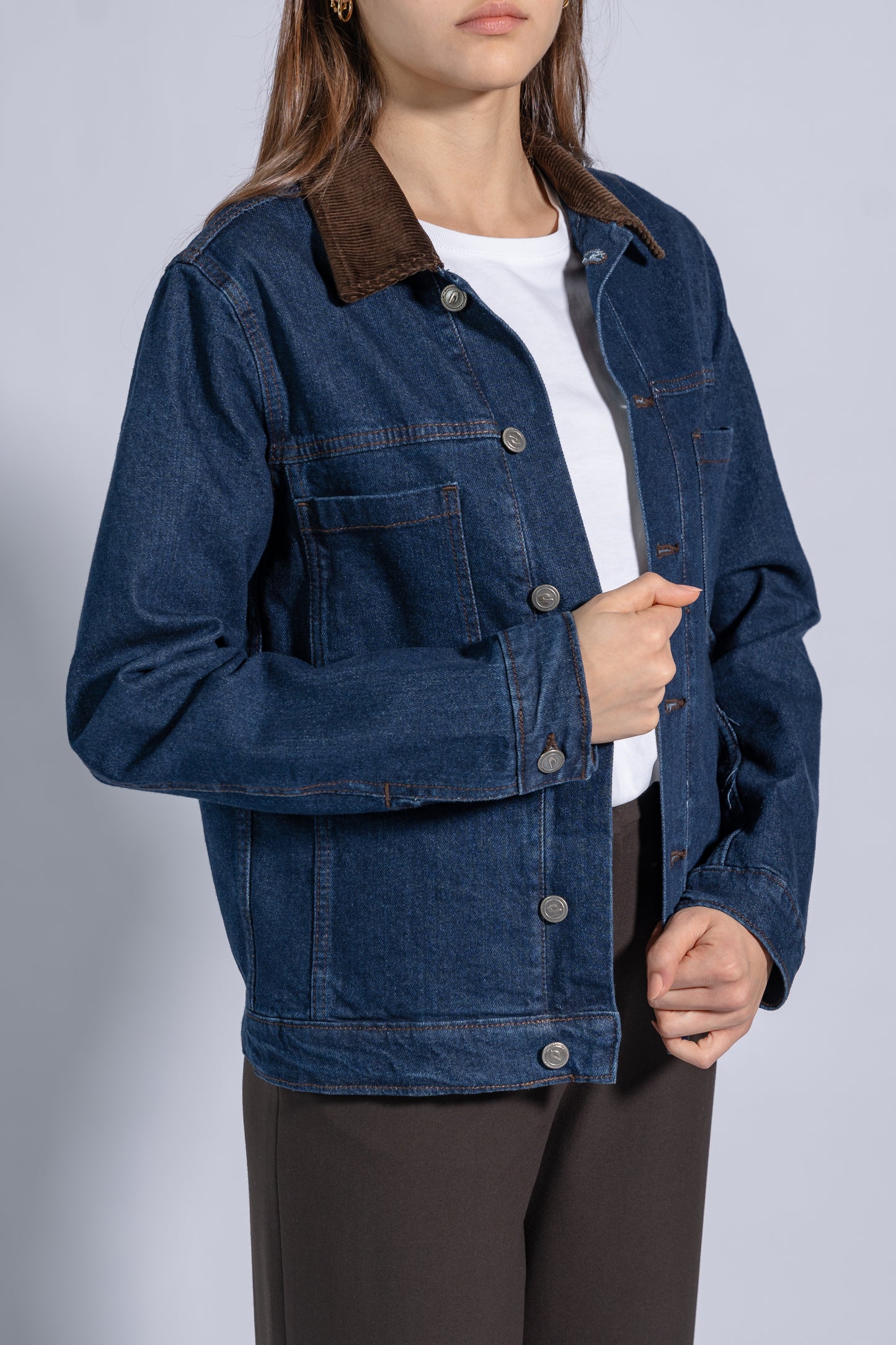 Denim Cotton Jacket with Corduroy Collar and Front Metal Buttons