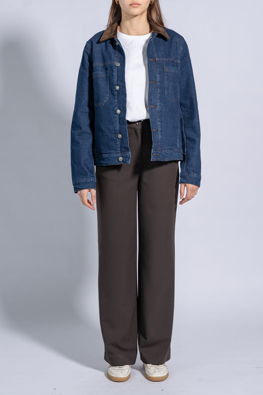 Denim Cotton Jacket with Corduroy Collar and Front Metal Buttons