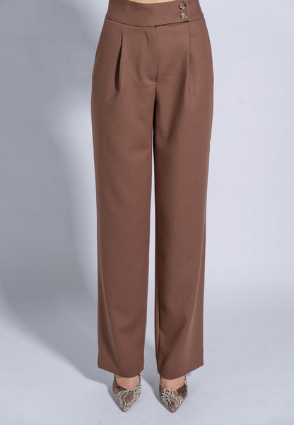 Straight High Waist Trousers with Wide Waistband and Buttons