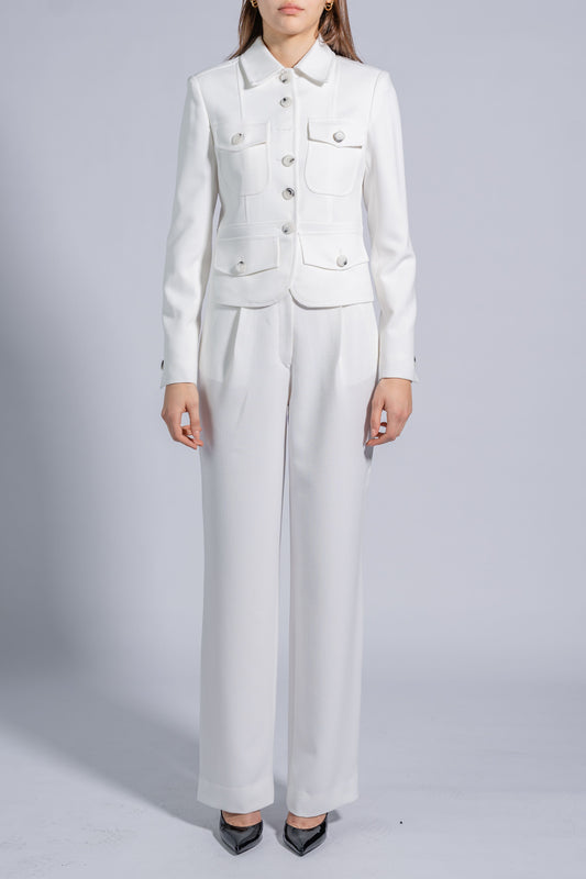 Straight High Waist Trousers with Wide Waistband and Buttons