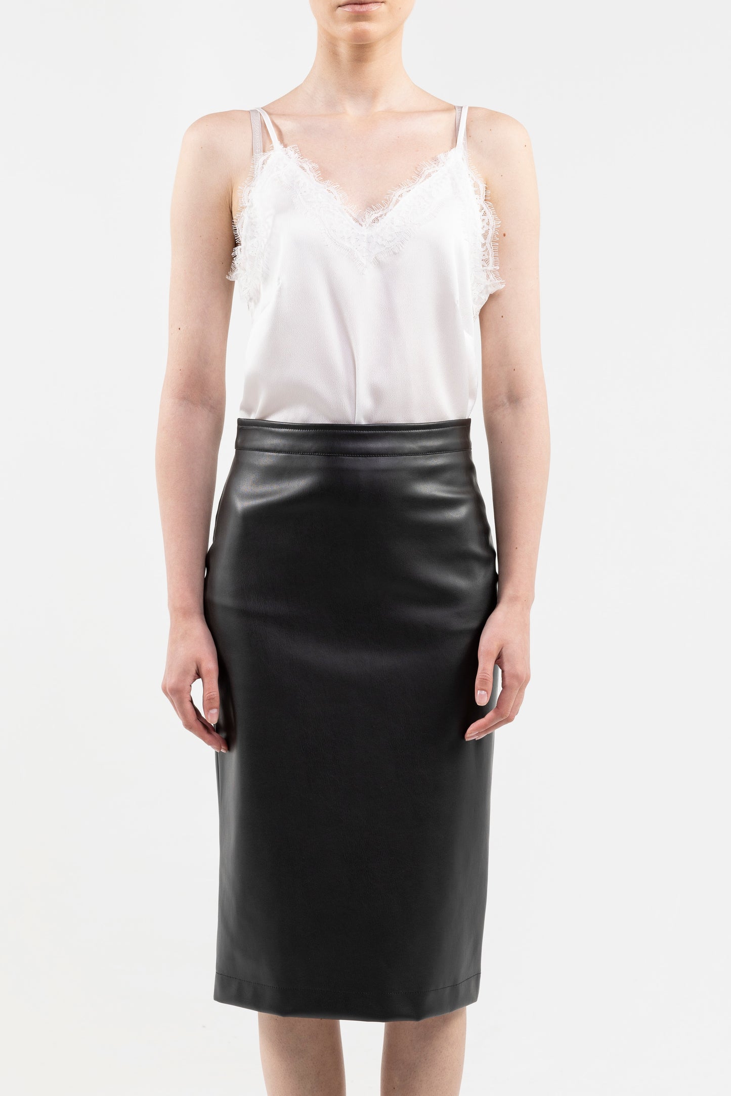 Satin Camisole Top Spaghetti Shoulder Straps, Lace-Trimmed V-Neck