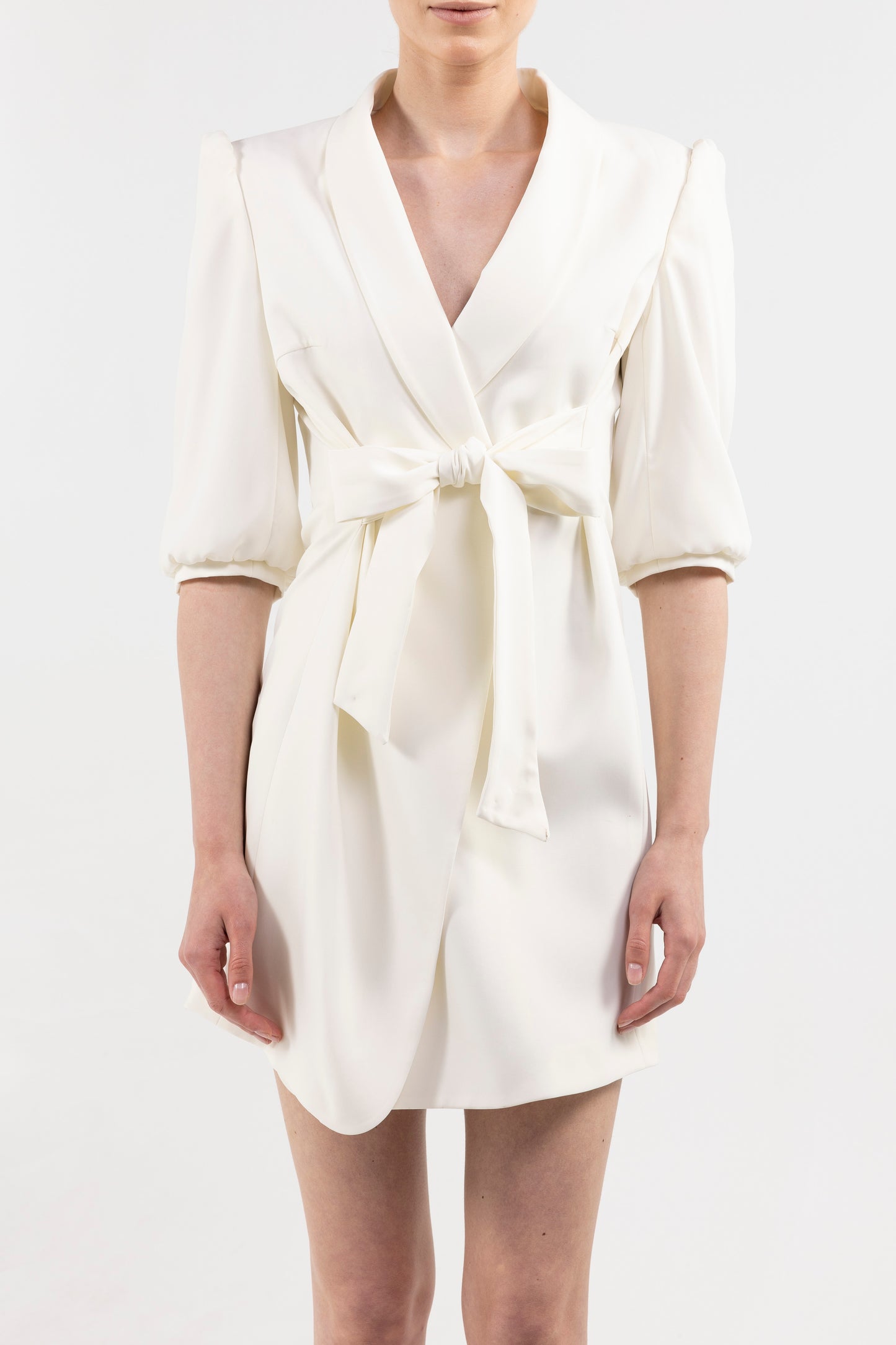 Short Dress With Puffed Sleeve and Front Tie