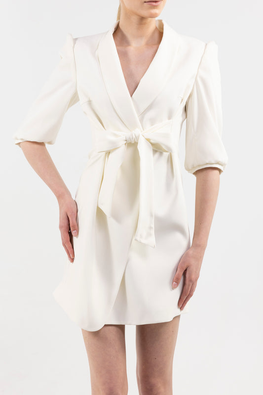 Short Dress With Puffed Sleeve and Front Tie