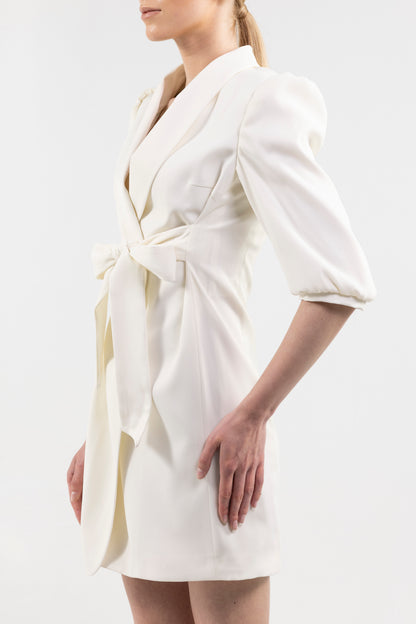 Short Dress With Puffed Sleeve and Front Tie