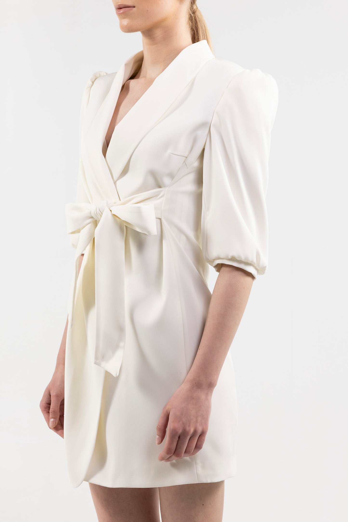Short Dress With Puffed Sleeve and Front Tie