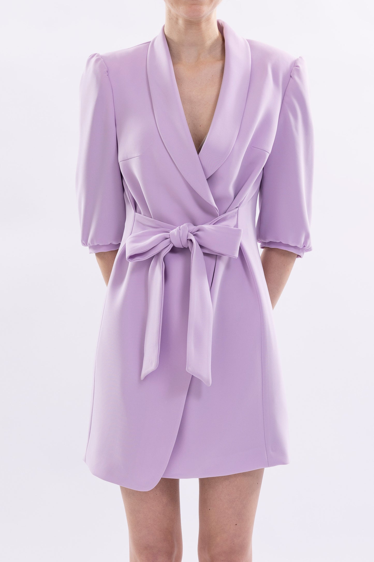 Short Dress With Puffed Sleeve and Front Tie