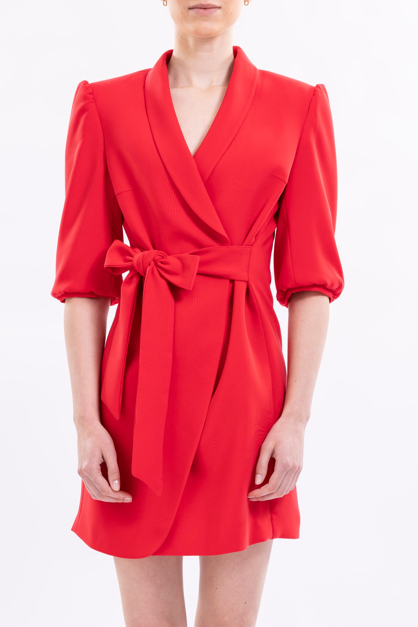 Short Dress With Puffed Sleeve and Front Tie