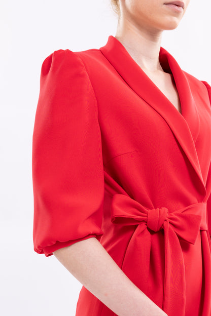 Short Dress With Puffed Sleeve and Front Tie