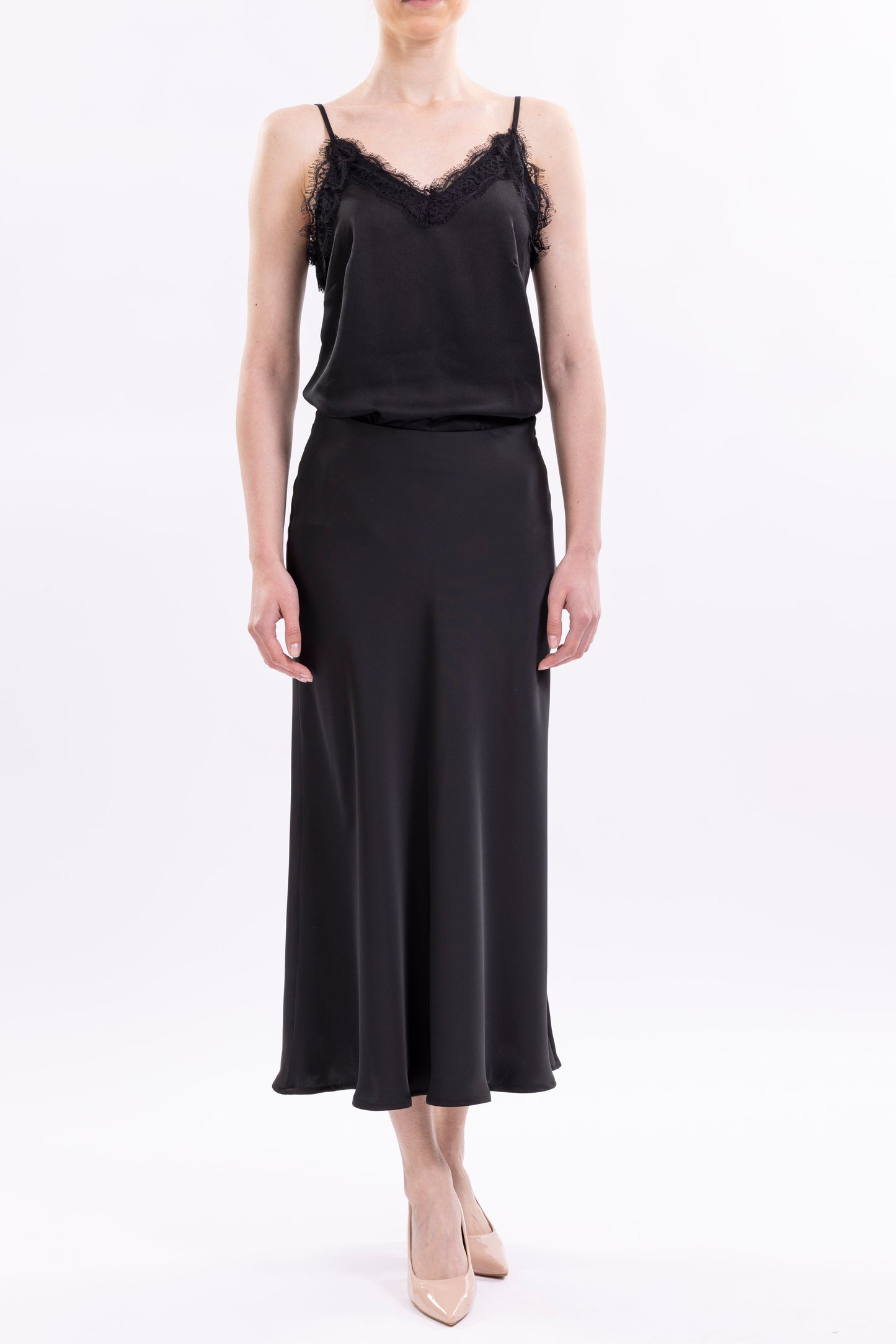 Satin Camisole Top Spaghetti Shoulder Straps, Lace-Trimmed V-Neck