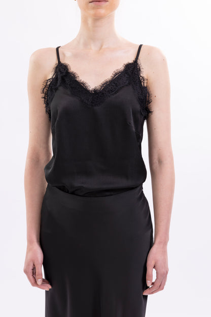 Satin Camisole Top Spaghetti Shoulder Straps, Lace-Trimmed V-Neck