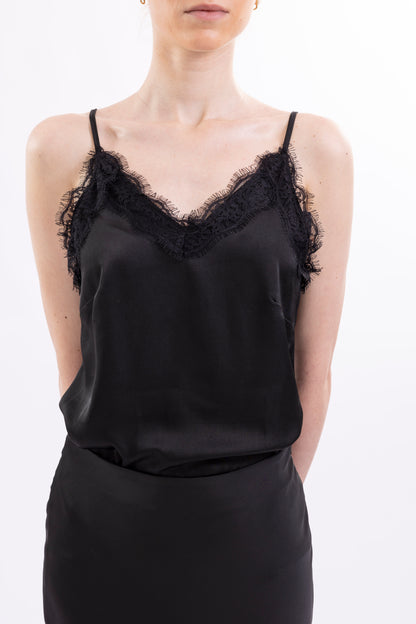 Satin Camisole Top Spaghetti Shoulder Straps, Lace-Trimmed V-Neck