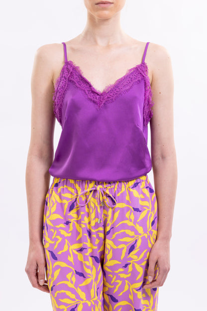 Satin Camisole Top Spaghetti Shoulder Straps, Lace-Trimmed V-Neck