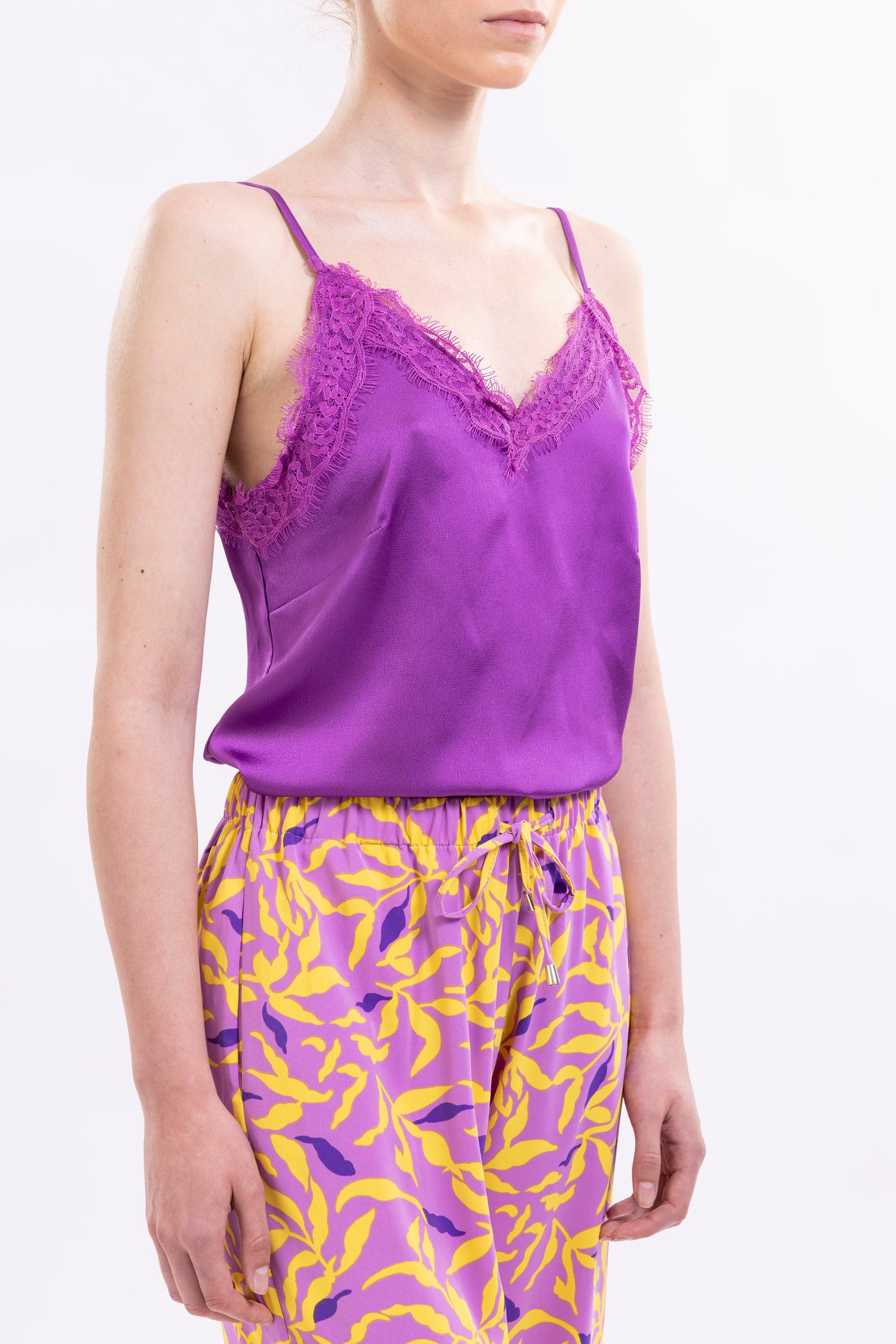 Satin Camisole Top Spaghetti Shoulder Straps, Lace-Trimmed V-Neck