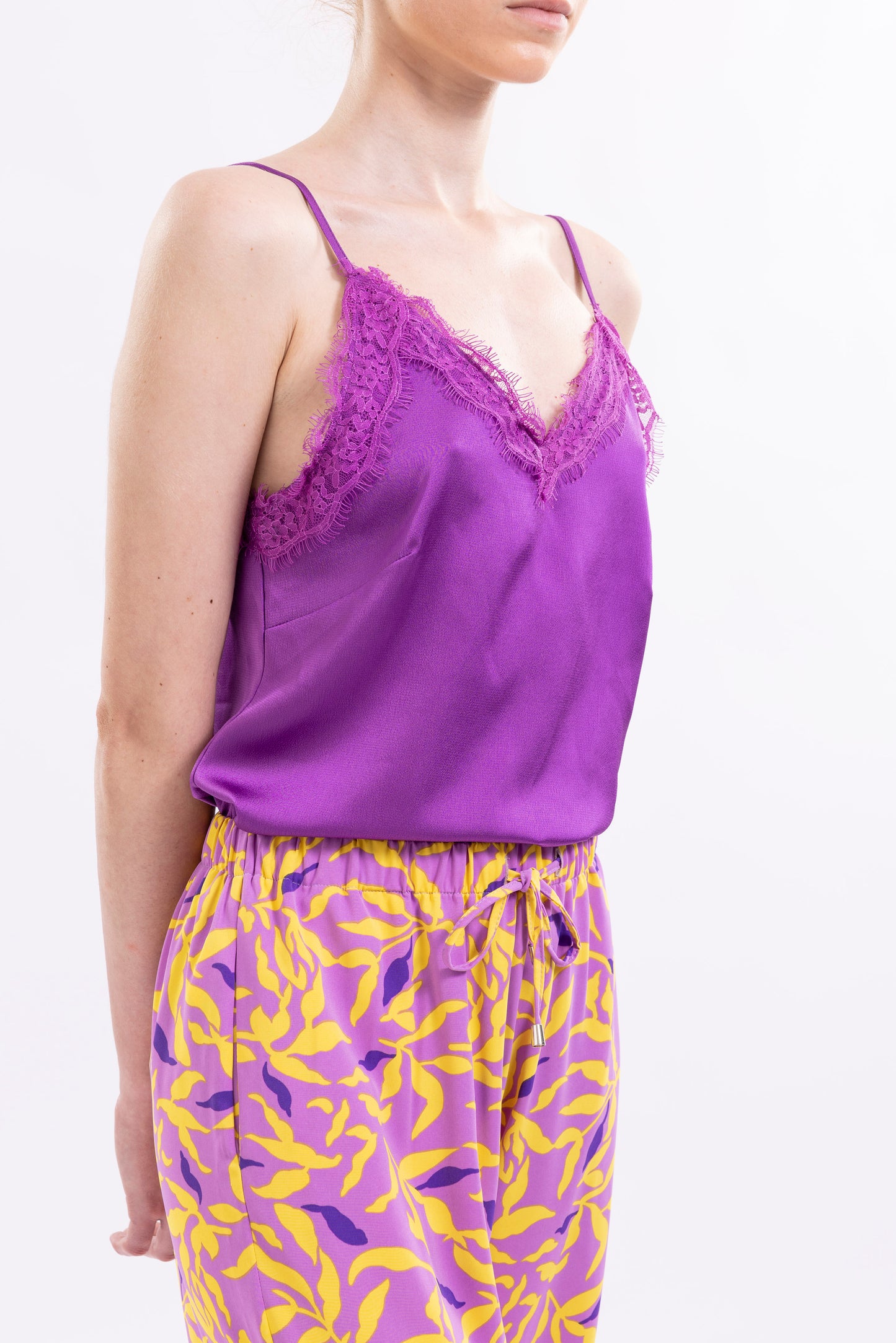 Satin Camisole Top Spaghetti Shoulder Straps, Lace-Trimmed V-Neck