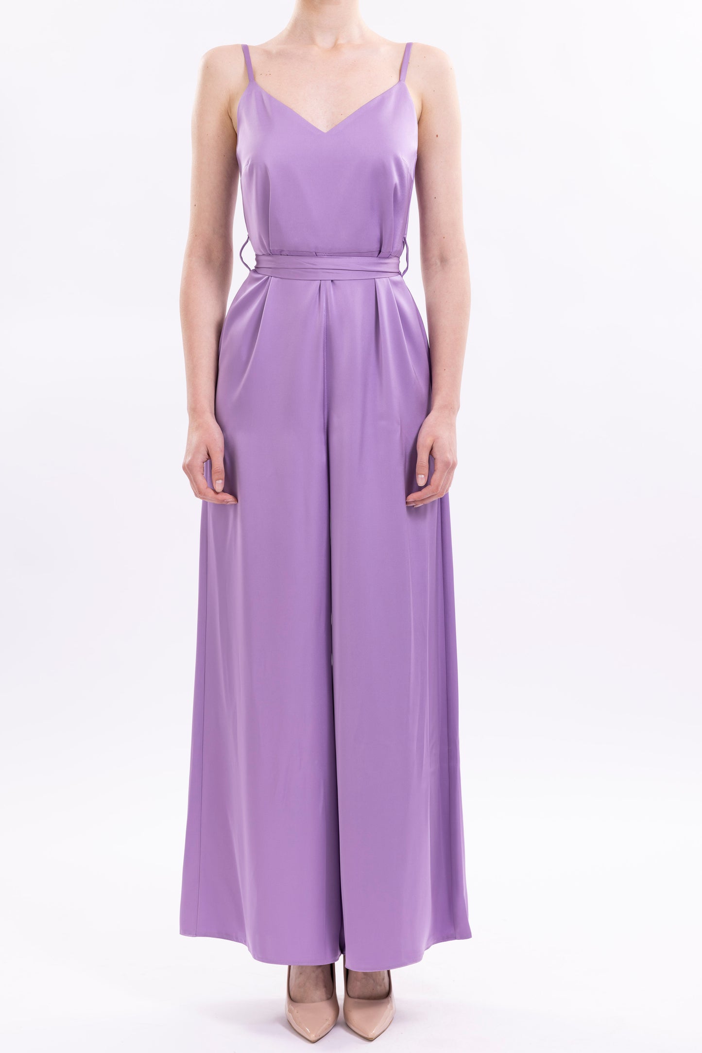 Wide Leg Jumpsuit Featuring Thin Straps and a Fabric Waist Belt