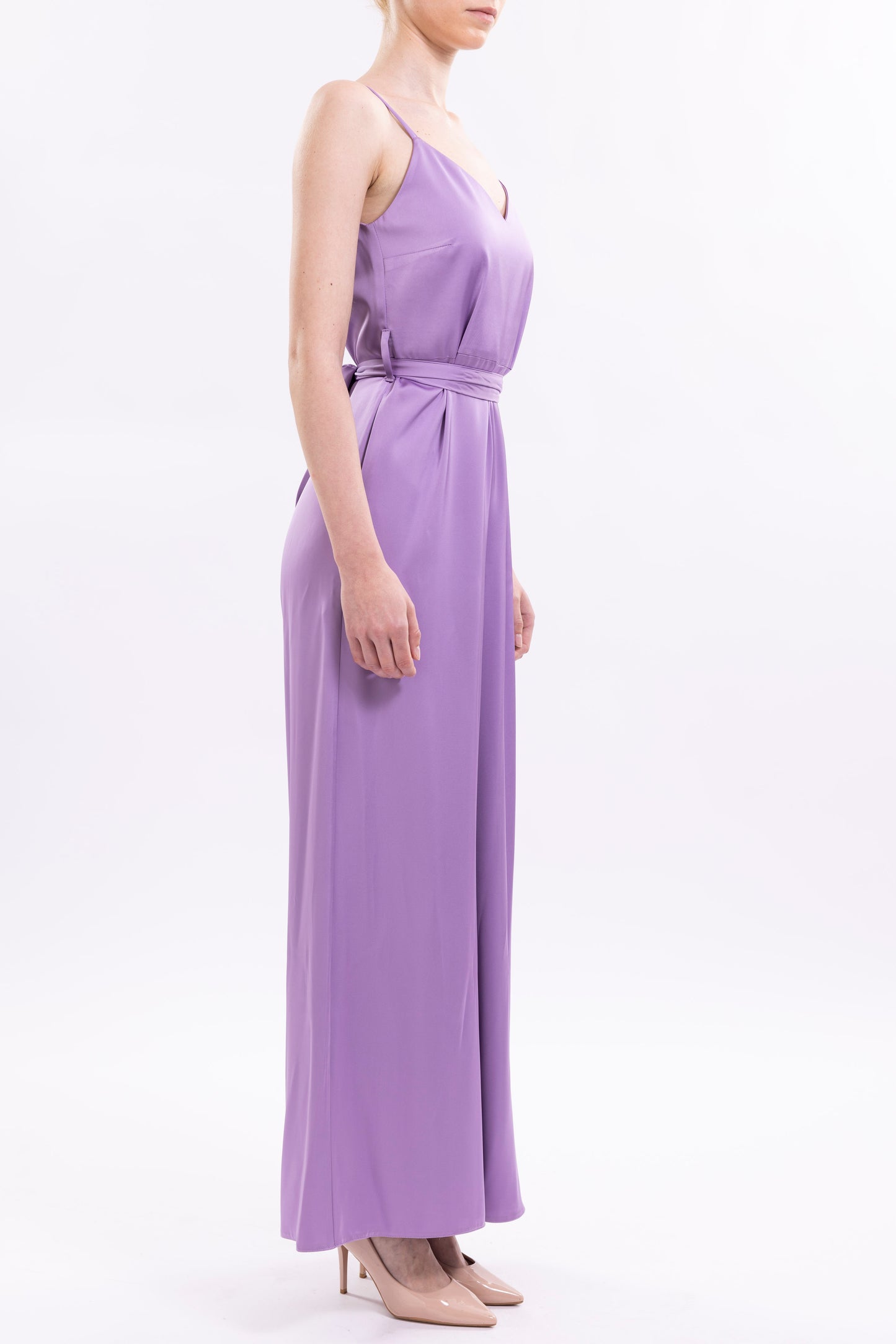 Wide Leg Jumpsuit Featuring Thin Straps and a Fabric Waist Belt