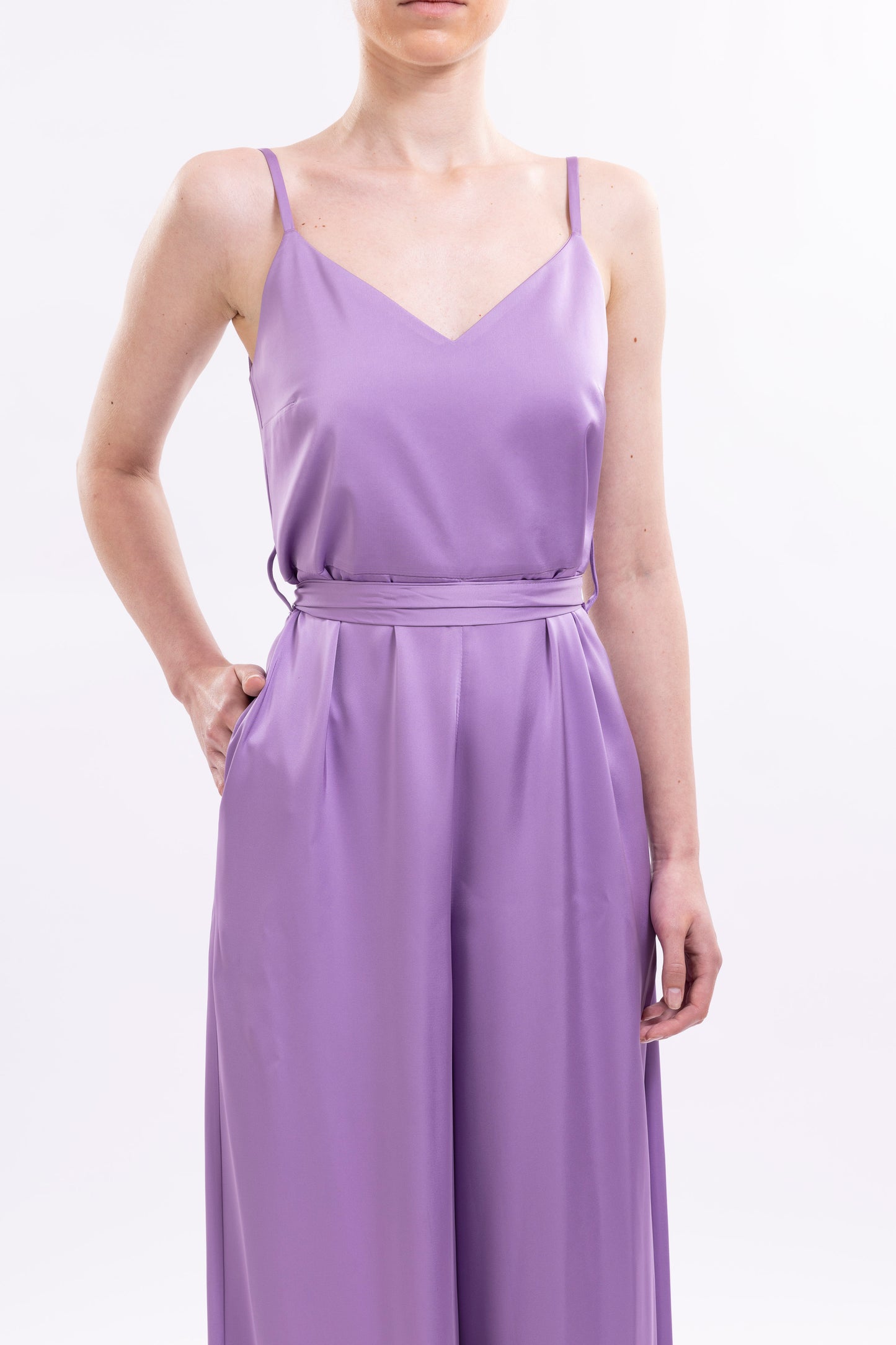 Wide Leg Jumpsuit Featuring Thin Straps and a Fabric Waist Belt