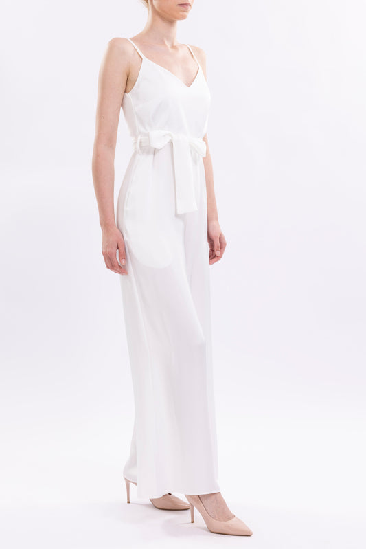 Wide Leg Jumpsuit Featuring Thin Straps and a Fabric Waist Belt