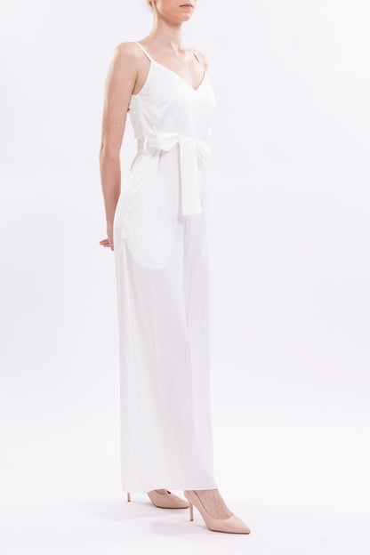 Wide Leg Jumpsuit Featuring Thin Straps and a Fabric Waist Belt