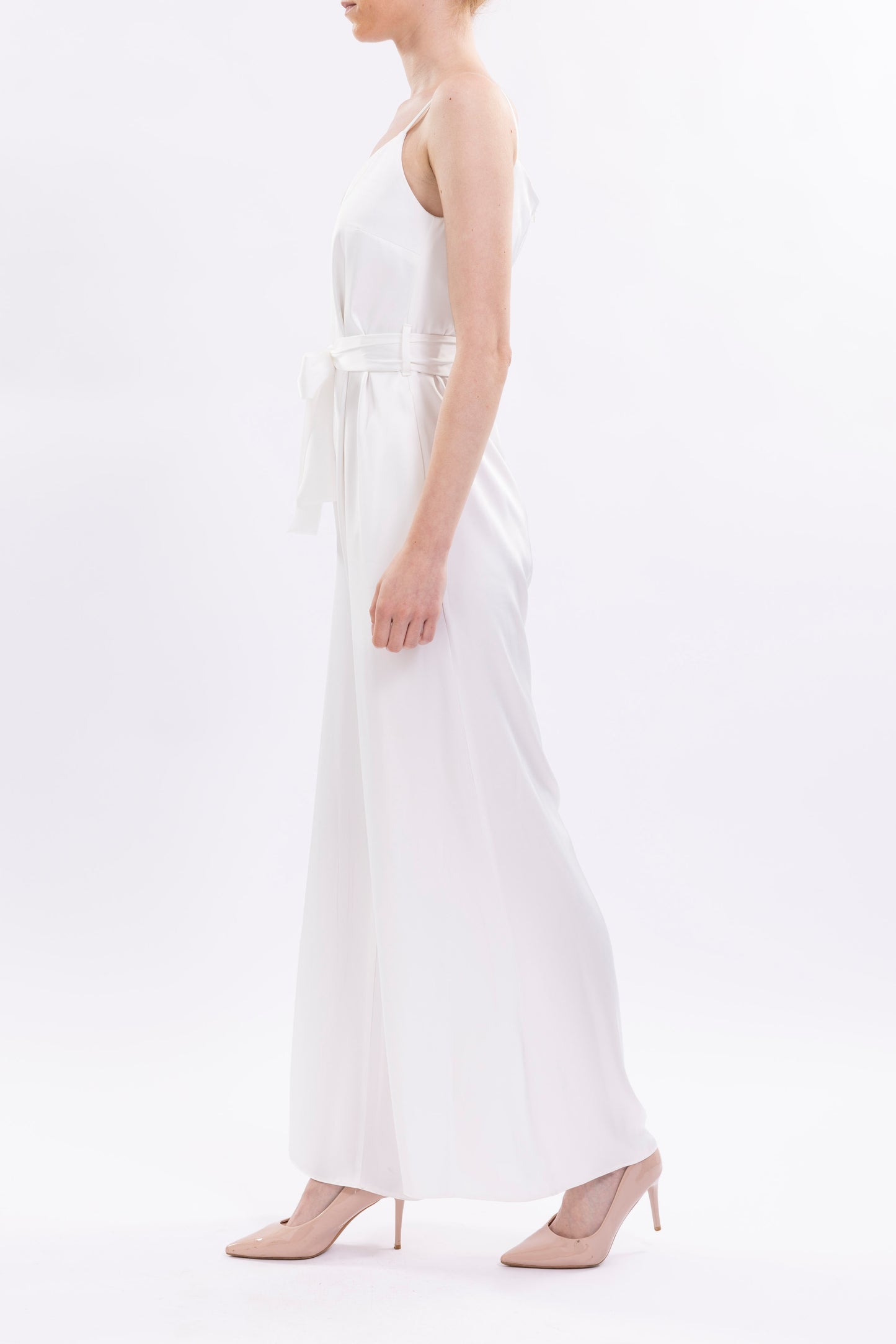 Wide Leg Jumpsuit Featuring Thin Straps and a Fabric Waist Belt