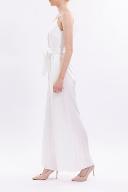 Wide Leg Jumpsuit Featuring Thin Straps and a Fabric Waist Belt